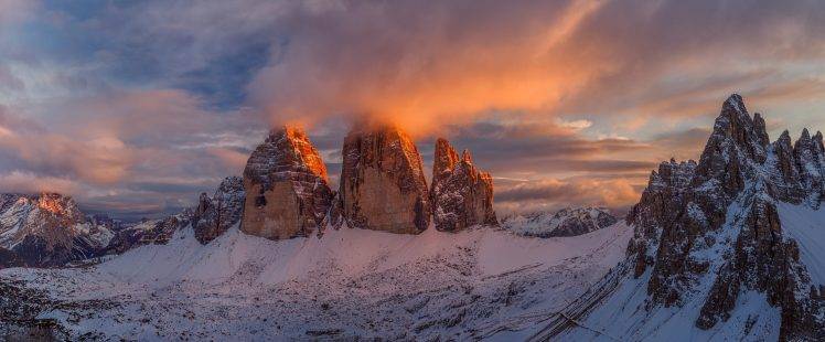 nature, Landscape, Italy, Mountain, Sunset, Snow, Sky, Panoramas, Clouds, Sunlight HD Wallpaper Desktop Background
