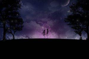 moon, Space, Stars, Trees, Couple