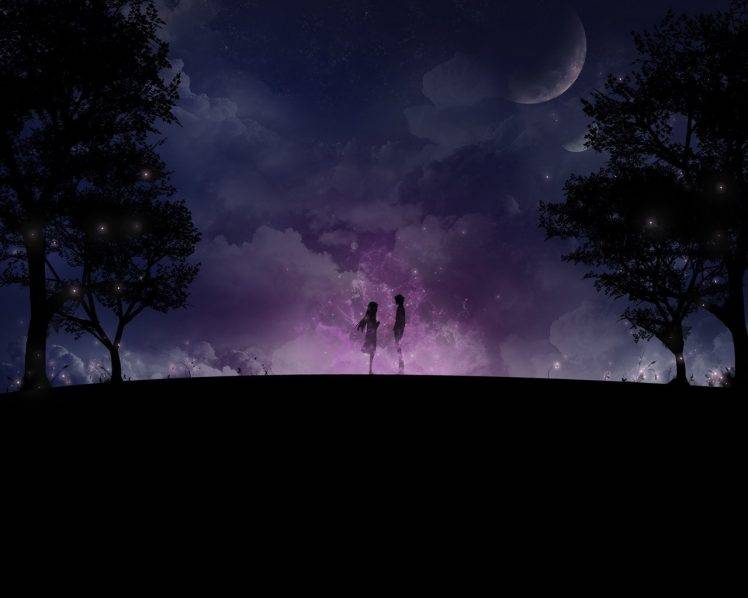 moon, Space, Stars, Trees, Couple HD Wallpaper Desktop Background