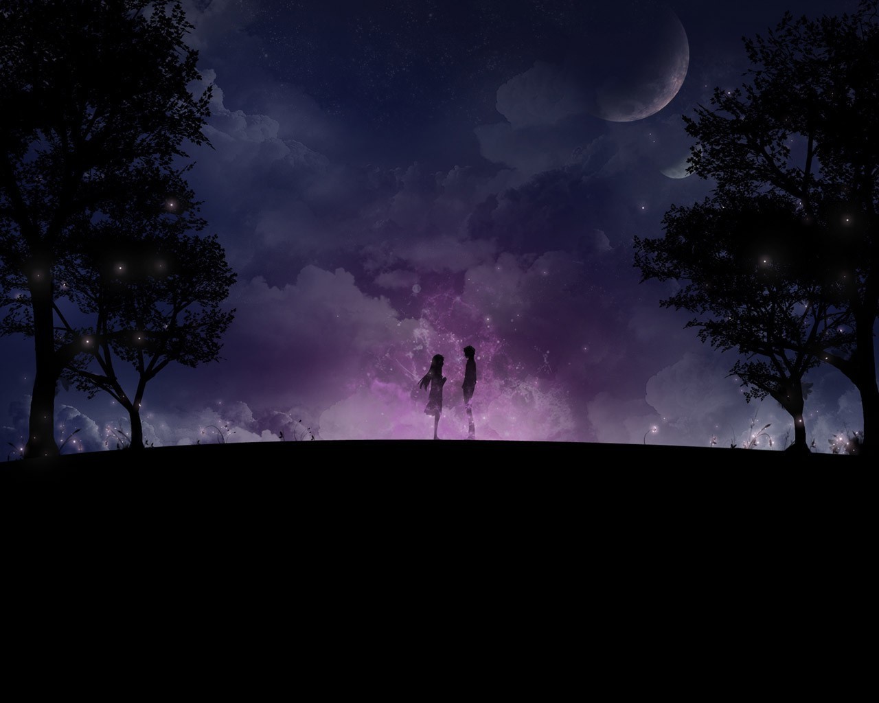 moon, Space, Stars, Trees, Couple Wallpaper