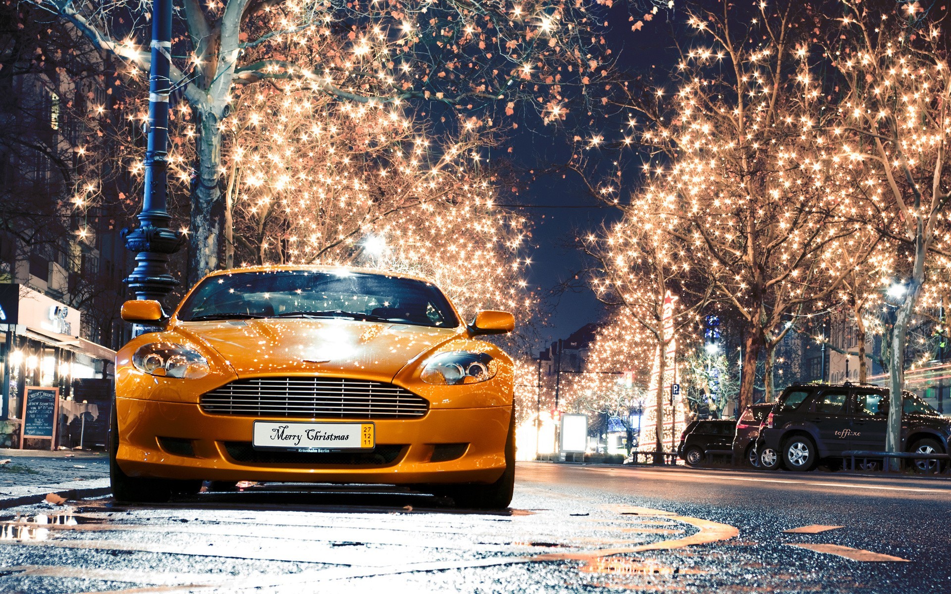 Aston Martin, Street, Street Light, Reflection, Water Drops, Rain Wallpaper