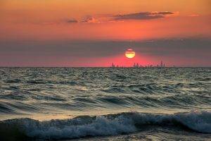 skyline, Lake, Sunset, Sea