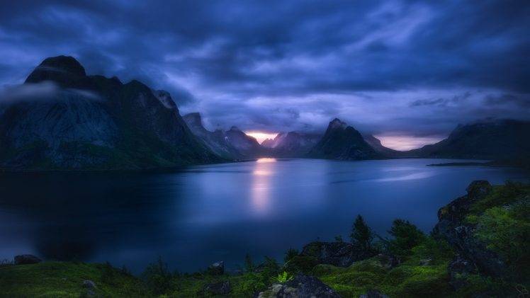 nature, Landscape, Fjord, Lofoten Islands, Norway, Sunset, Sea, Mountain, Shrubs, Grass, Clouds, Sunlight, Sky HD Wallpaper Desktop Background