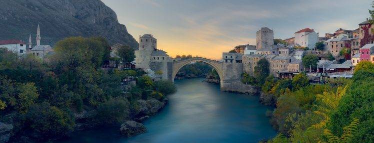 landscape, Nature, River, Old, Bridge, City, Mountain, Trees, Architecture, Bosnia, Mostar HD Wallpaper Desktop Background