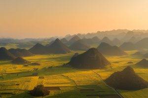 landscape, Nature, Field, Green, Mist, Hill, Aerial View, Road, China, Sunset
