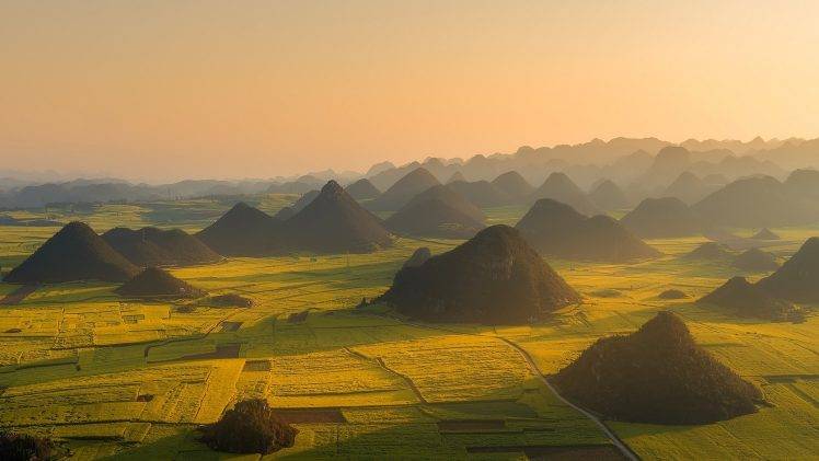 landscape, Nature, Field, Green, Mist, Hill, Aerial View, Road, China, Sunset HD Wallpaper Desktop Background