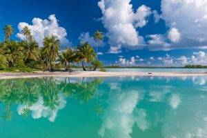 nature, Tropical, Island, Beach, White, Sand, Turquoise, Sea, Reflection, Summer, French Polynesia, Clouds, Palm Trees, Landscape