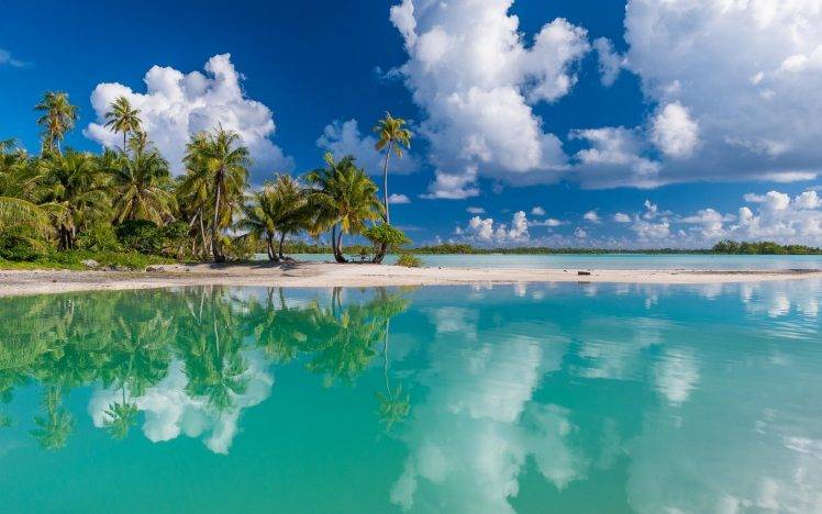 nature, Tropical, Island, Beach, White, Sand, Turquoise, Sea, Reflection, Summer, French Polynesia, Clouds, Palm Trees, Landscape HD Wallpaper Desktop Background