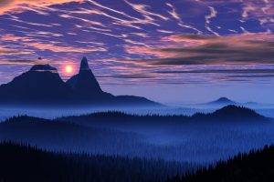 landscape, Nature, Blue, Mist, Sunset, Forest, Mountain, Sky, Clouds, Valley