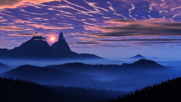 landscape, Nature, Blue, Mist, Sunset, Forest, Mountain, Sky, Clouds, Valley HD Wallpaper Desktop Background