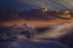 landscape, Nature, Sunset, Winter, Mist, Alps, Mountain, Cabin, Italy, Sky, Sunlight, Forest, Snow, Clouds, Snowy Peak