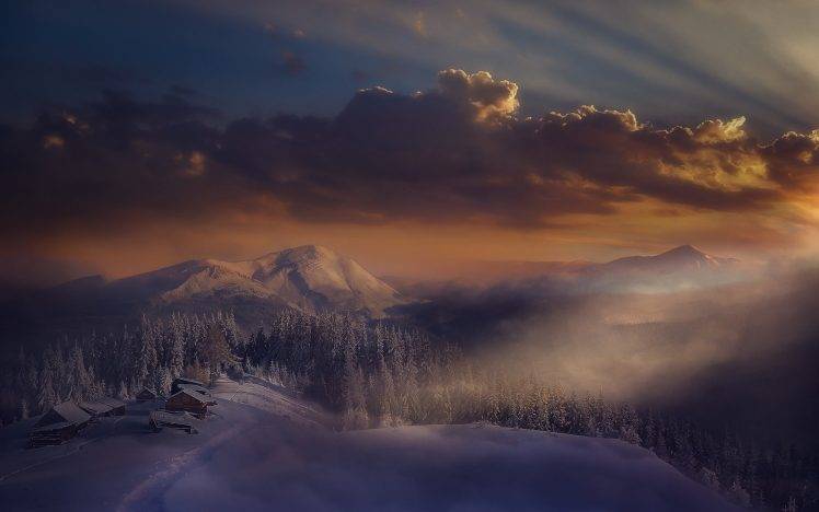 landscape, Nature, Sunset, Winter, Mist, Alps, Mountain, Cabin, Italy, Sky, Sunlight, Forest, Snow, Clouds, Snowy Peak HD Wallpaper Desktop Background