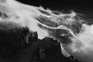 nature, Landscape, Mountain, Monochrome, Torres Del Paine, Chile, Wind, Mist, Clouds, Sunlight, Snowy Peak