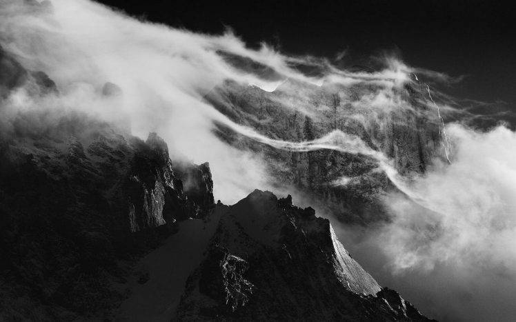 nature, Landscape, Mountain, Monochrome, Torres Del Paine, Chile, Wind, Mist, Clouds, Sunlight, Snowy Peak HD Wallpaper Desktop Background