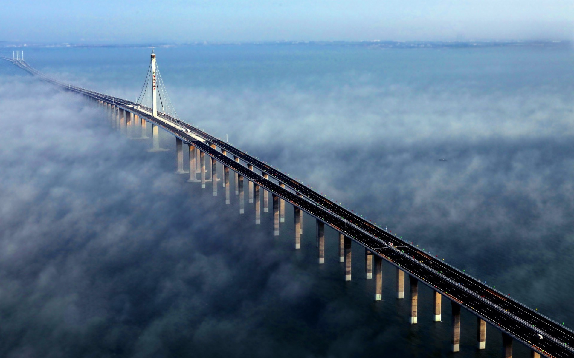 landscape, Nature, Architecture, Bridge, Mist, Sunlight, Jiaozhou Bay Bridge, China, Sea, Bay, Concrete, Water Wallpaper