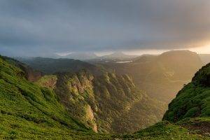 nature, Landscape, Mountain, Canyon, Forest, Sun Rays, Mist, Clouds, Sunset, Sunlight, India, Grass