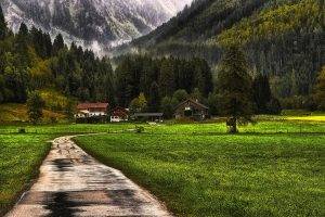 nature, Landscape, Mountain, Forest, Farm, Grass, Snow, Fence, Mist, Trees, Barns, Dirt Road, Path