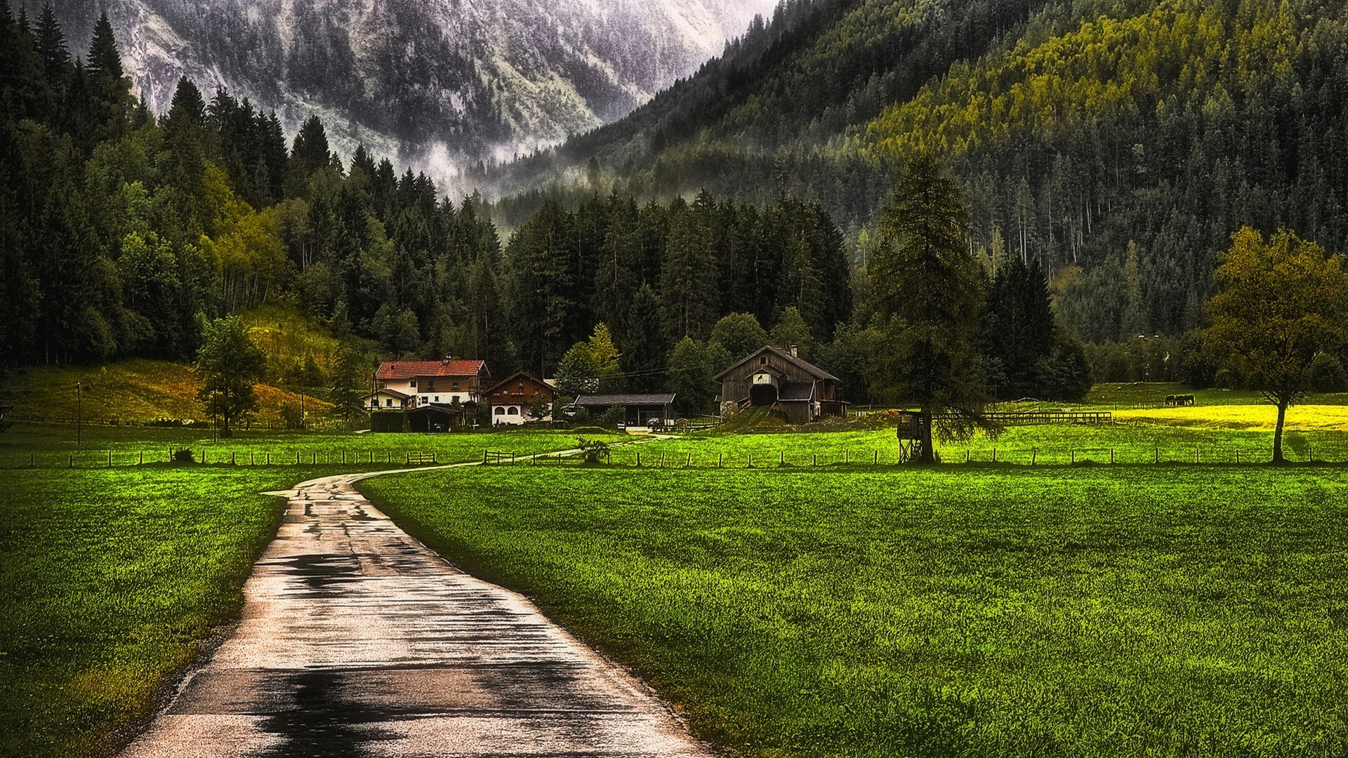nature, Landscape, Mountain, Forest, Farm, Grass, Snow, Fence, Mist, Trees, Barns, Dirt Road, Path Wallpaper