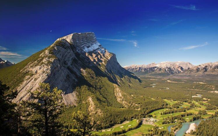 nature, Landscape, Mountain, Forest, Valley, River, Canada, Snowy Peak, Blue, Sky, Grass, Golf Course, Moon, Banff National Park HD Wallpaper Desktop Background