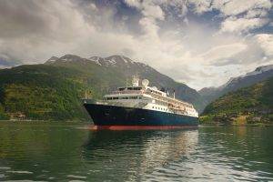 nature, Landscape, Fjord, Mountain, Village, Clouds, Trees, Cruise Ship, Machine, Technology