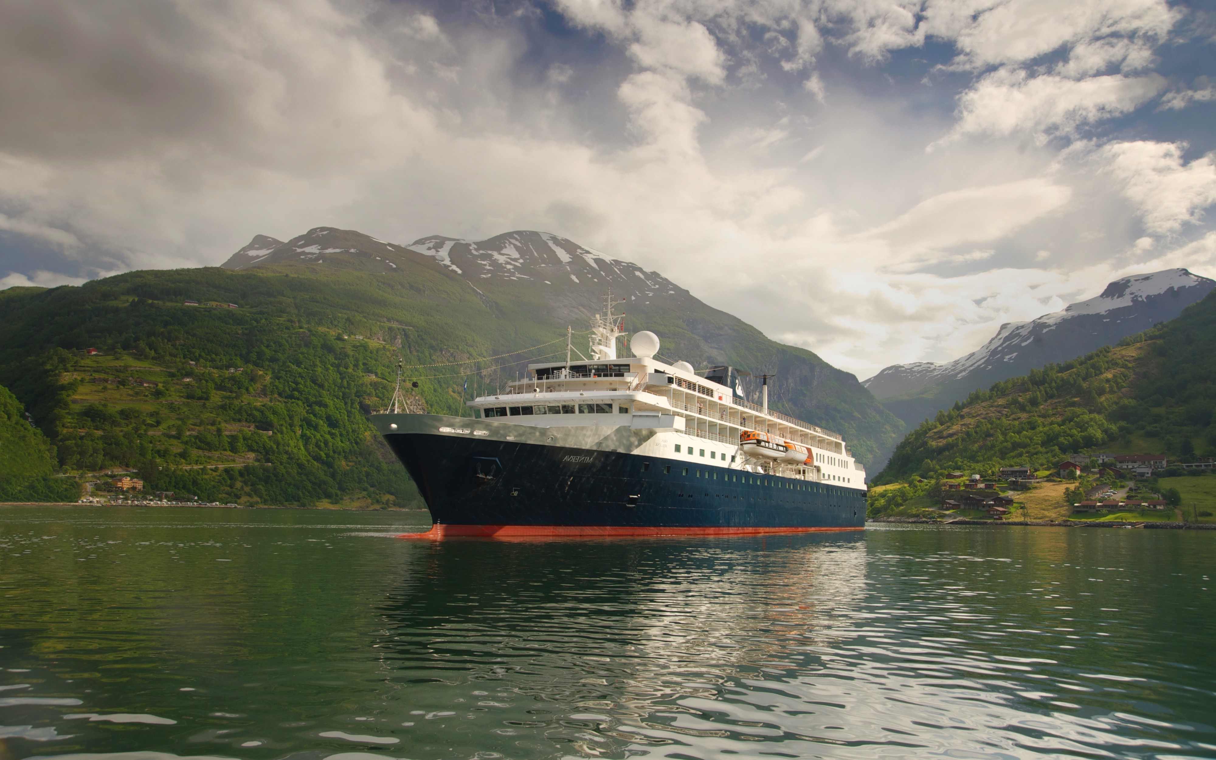 nature, Landscape, Fjord, Mountain, Village, Clouds, Trees, Cruise Ship, Machine, Technology Wallpaper