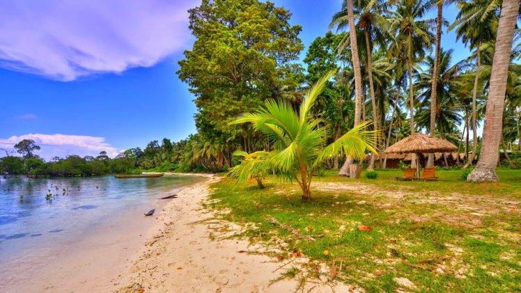 nature, Landscape, Beach, Palm Trees, Grass, Tropical, Boat, Sunshade, Chair, Sand, Sea HD Wallpaper Desktop Background