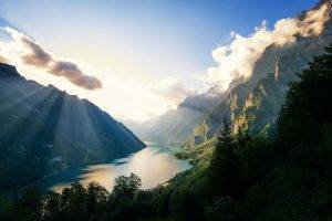 nature, Landscape, Alps, Lake, Switzerland, Sunset, Mountain, Forest, Clouds, Sun Rays
