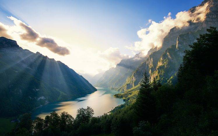 nature, Landscape, Alps, Lake, Switzerland, Sunset, Mountain, Forest, Clouds, Sun Rays HD Wallpaper Desktop Background