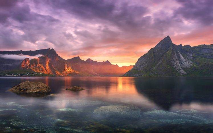 nature, Landscape, Lake, Sunset, Mountain, Clouds, Sun Rays, Village, Sky, Sunlight, Lofoten HD Wallpaper Desktop Background