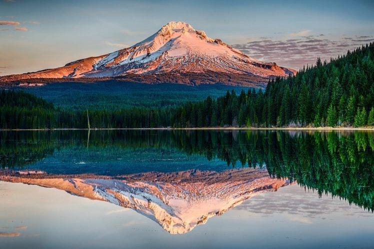 nature, Landscape, Snowy Peak, Mountain, Sunset, Forest, Lake, Water, Reflection, Oregon, Calm, Trees HD Wallpaper Desktop Background