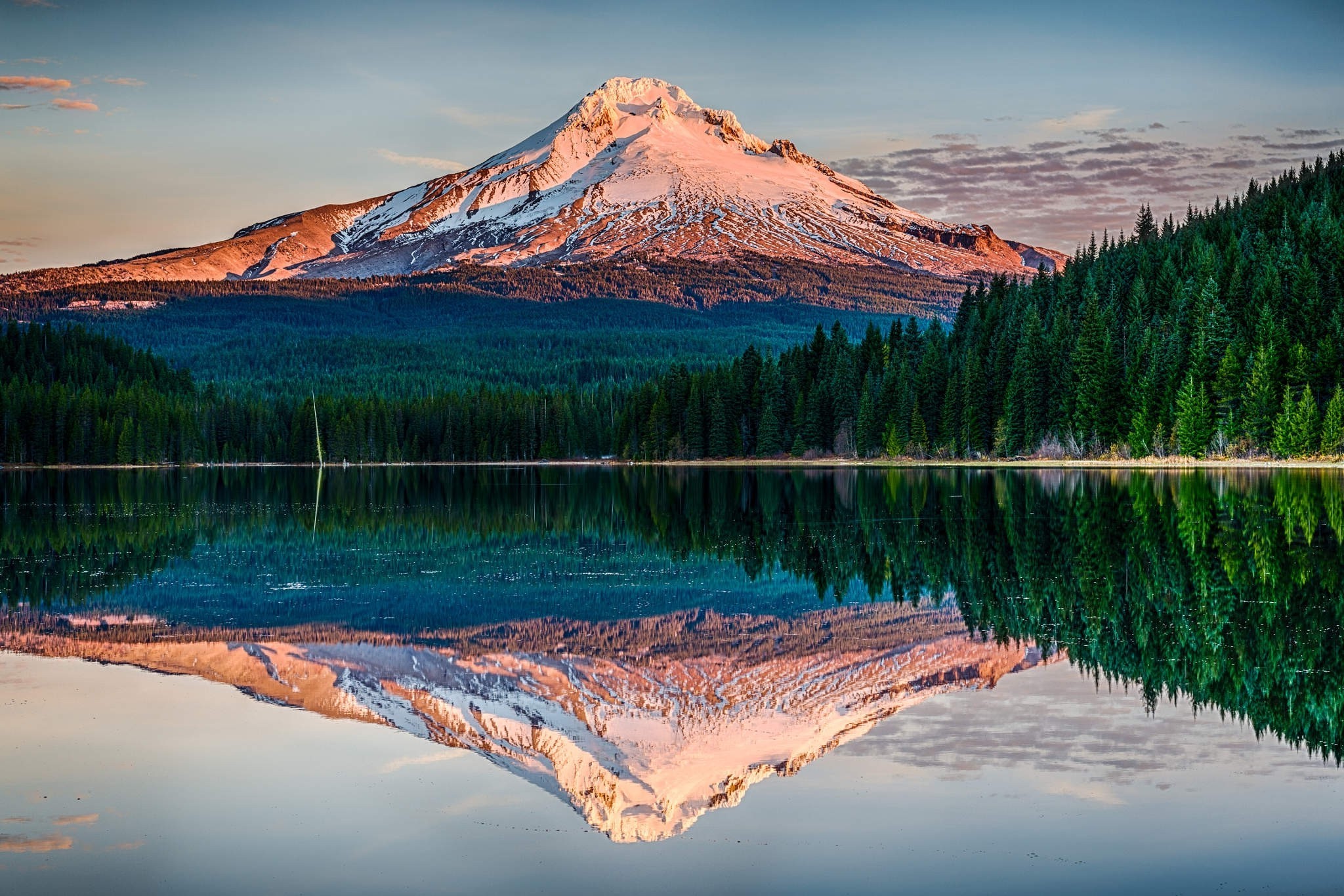 nature, Landscape, Snowy Peak, Mountain, Sunset, Forest, Lake, Water, Reflection, Oregon, Calm, Trees Wallpaper