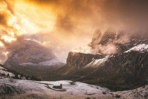 nature, Landscape, Winter, Cabin, Mountain, Sunlight, Clouds, Alps, Snow, Trees, Italy