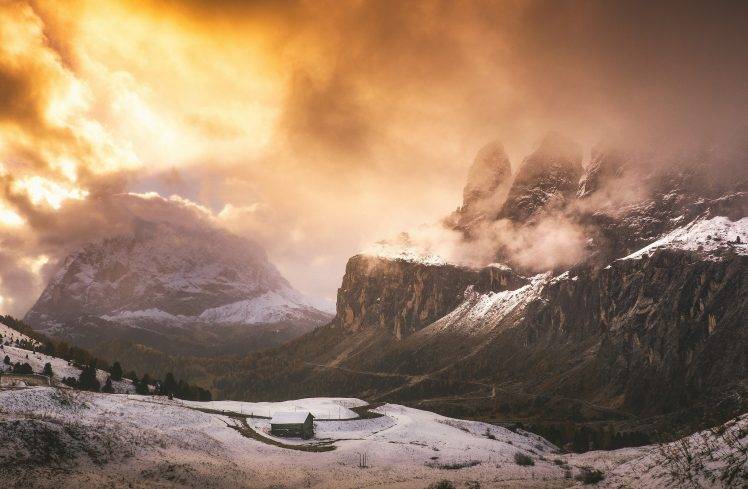 nature, Landscape, Winter, Cabin, Mountain, Sunlight, Clouds, Alps, Snow, Trees, Italy HD Wallpaper Desktop Background