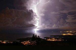nature, Landscape, Lightning, Storm, Night, Lake, City, Lights, Clouds, Venezuela