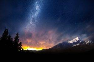 nature, Landscape, Milky Way, Starry Night, Mountain, Trees, Lights, Snowy Peak, Long Exposure