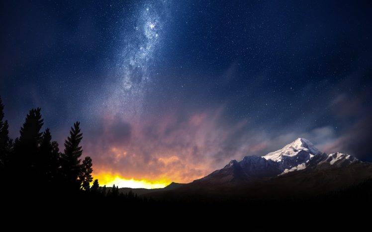 nature, Landscape, Milky Way, Starry Night, Mountain, Trees, Lights, Snowy Peak, Long Exposure HD Wallpaper Desktop Background
