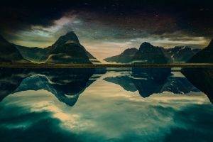 nature, Landscape, Milford Sound, New Zealand, Mountain, Fjord, Reflection, Morning, Water, Dark, Sky