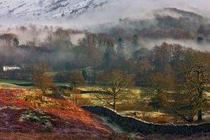 nature, Landscape, Snow, Mist, Mountain, Trees, Farm, Walls, Grass, Valley, UK