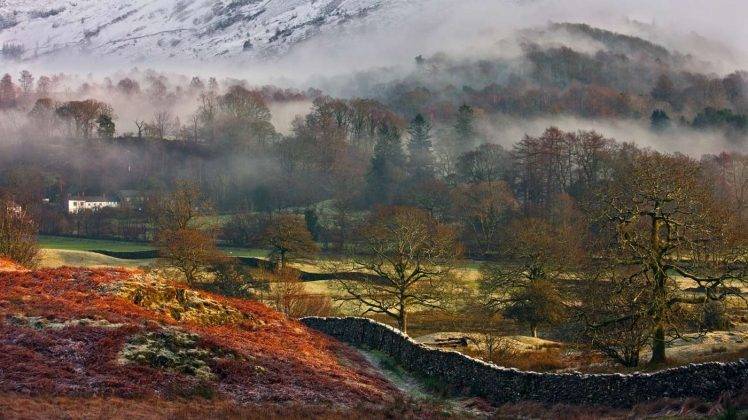 nature, Landscape, Snow, Mist, Mountain, Trees, Farm, Walls, Grass, Valley, UK HD Wallpaper Desktop Background