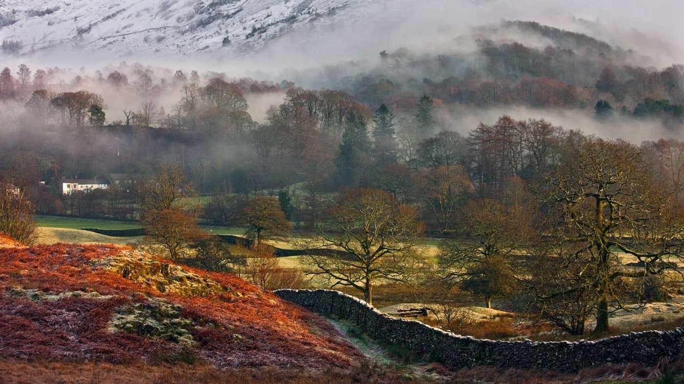 nature, Landscape, Snow, Mist, Mountain, Trees, Farm, Walls, Grass, Valley, UK Wallpaper