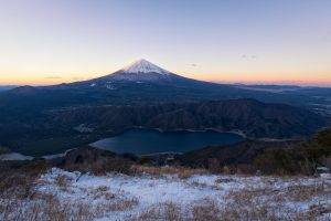 nature, Landscape, Mountain, Volcano, Snowy Peak, Lake, Mount Fuji, Sunset, Shrubs, Snow, Japan