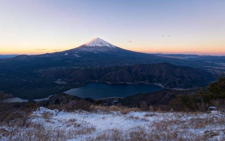 nature, Landscape, Mountain, Volcano, Snowy Peak, Lake, Mount Fuji, Sunset, Shrubs, Snow, Japan HD Wallpaper Desktop Background