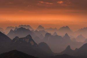 nature, Landscape, Sunrise, Mountain, Mist, Guilin, China, Amber, Sky, Lace