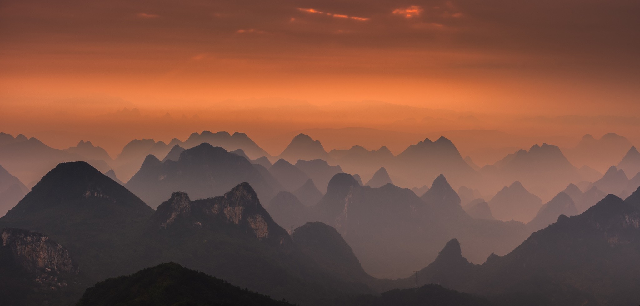 nature, Landscape, Sunrise, Mountain, Mist, Guilin, China, Amber, Sky, Lace Wallpaper
