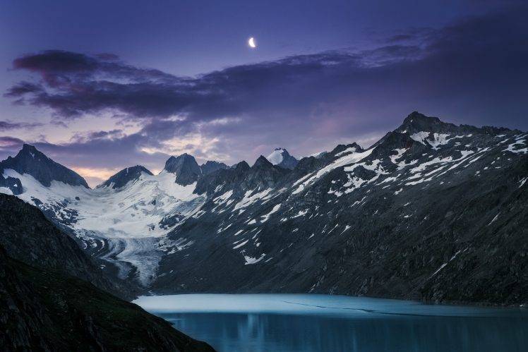 nature, Landscape, Mountain, Lake, Moon, Glaciers, Snowy Peak, Clouds, Sunset, Evening HD Wallpaper Desktop Background