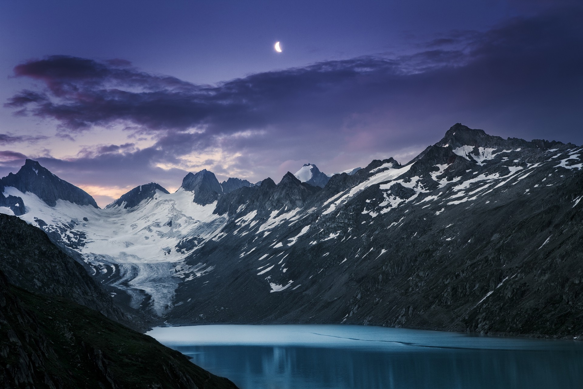 nature, Landscape, Mountain, Lake, Moon, Glaciers, Snowy Peak, Clouds, Sunset, Evening Wallpaper