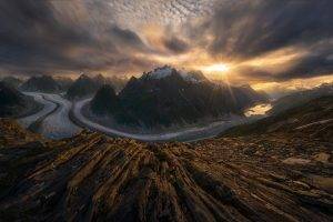 landscape, Nature, Glaciers, Sunset, Mountain, Alaska, Sun Rays, Clouds, Snowy Peak, Fjord, Sky
