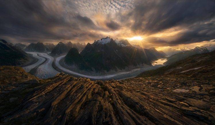 landscape, Nature, Glaciers, Sunset, Mountain, Alaska, Sun Rays, Clouds, Snowy Peak, Fjord, Sky HD Wallpaper Desktop Background