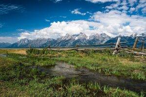 nature, Landscape, Fence, Mountain, Grass, Creeks, Clouds, Grand Teton National Park