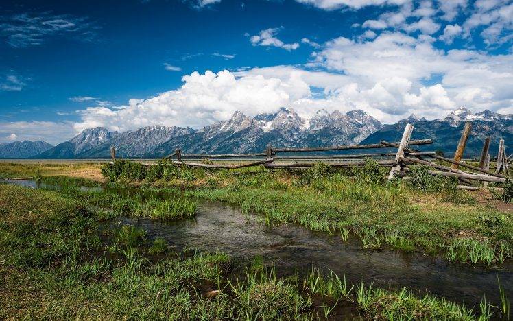 nature, Landscape, Fence, Mountain, Grass, Creeks, Clouds, Grand Teton National Park HD Wallpaper Desktop Background